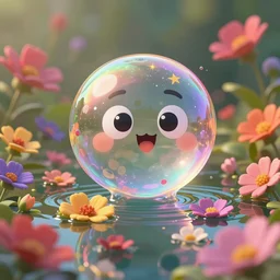 intricate colourful murky nature with cute friendly happy bubble with beauty cute eyes and funny face appearing from the flowers in water, in the style of craola, shallow depth of field, highly detailed, digital painting, trending artstation, concept art, illustration, cinematic lighting, vibrant colors, photorealism, epic, octane render