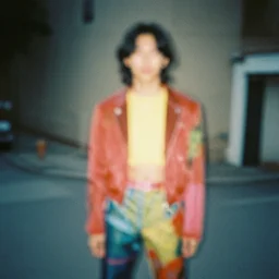 contemporary fashion colorful photo, very faded photo, grainy, slightly blurry, expired film
