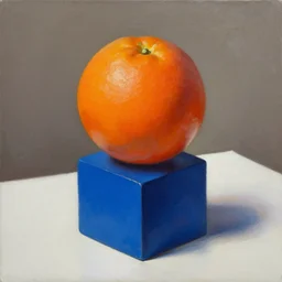 An oil painting of an orange sphere on top of a blue cube, sitting on a white table by Craig Mullins, dramatic lighting, realistic shadows, establishing shot, extremely high detail, artstation