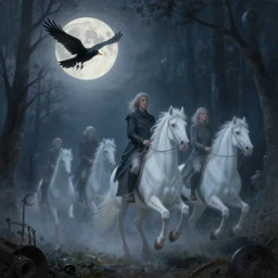 happy full moon! 🌕✨, by anne stokes and kaja foglio, the ghostly horsemen ride through the misty forests in eternal silence, a black bird with a yellow beak, by esao andrews, steampunk heaven, by michael komarck and john howe, lovecraftian, artstation hd, d & d, detailed painting, i dream of the machine