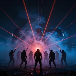 giant group smoke bodies, lasers, darkness, from behind, wide angle, elaborate, smoke, red dot, orange line, blue mist, highly detailed, beautiful lighting