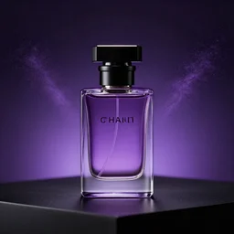 close up shot of one premium perfume bottle containing purple liquid, the bottle is placed on a black table, the bottle is in the middle of the scene, purple dust in the background, dark cinematic lighting, spotlight, ultra detail, commercial, designer product, cinematic lighting, hd artstation, symmetrical, rendered, 4k