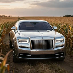 a mirrored rolls royce in the center of a cornfield, hyper realistic, ambient lighting, concept art, intricate, hyper detailed, smooth, dynamic volumetric lighting, octane, raytrace, cinematic, high quality, high resolution, 4 k