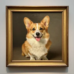 picture of a painting in a museum depicting a very happy corgi in the style of rembrandt, real picture