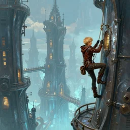 landscape painting of fantasy metal steampunk city that has a light blue glow with walkways and lit windows and you can very clearly see a fine detailed blonde boy thief in browns leathers climbing one of the tall buildings using a rope, fine details, magali villeneuve, artgerm, rutkowski