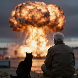 old man with ( black cat ) watching nuke explosion cinematic, background blur bokeh, world ending nuke, 4 k
