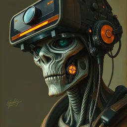 detailed potrait of a cyberpunk alien with vr headset, steampunk, painting by james jean, craig mullins, j. c. leyendecker, lights, art by ernst haeckel