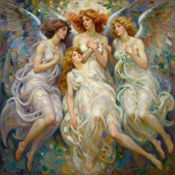 a safe for work, neo classical facial detail digital painting illustration studio portrait of a 3 multi racial harem of dark beautiful seraphim females energy in an artistic pose resting in nature, monet painterly motives and textures pattern, hyper detailed, octane render, vivid colors, artstation, by jeremy mann, by alphonse mucha, by monet, neo classical painting of heaven aesthetics