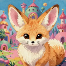 vintage 90\'s anime mixed with pastel impasto highly rhythmic expressionistic wild symmetrical furry fennec portrait pleasing palette trending on artstation super fluffy funhouse surreal unpredictable wild unexplainable fantasy land you could not have dreamed of in the gritty posterized grainy analog style of studio Ghibli and 1960s americana Comics, HQ 8k scan