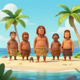group of cavemen stranded on tropical island