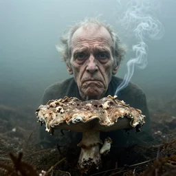 photographic portrait of wrinkly sad max ernst dried melting floral fungus with spiraling cigarette smoke, in fog, medium long shot, underwater
