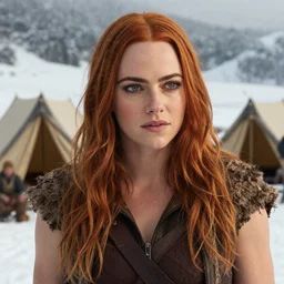 close-up face portrait of Emma Stone as a muscled warrior setting up camp in warm clothes, snowy winter scene, Donato Giancola, Mark Brooks, Ralph Horsley, Charlie Bowater, Artgerm, Christopher Balaskas, Bastien Lecouffe-Deharme, Boris Vallejo