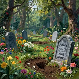 the fairytale garden with a fantasy grave ; to dig my flowers garden ; after i die ; after you die ; to dig yours ; to beg them ; to be wet from dawn to dawn ; tree growing from the grave, concept art, mystic garden, ultrarealistic, adrian ghenie style, vivid colours