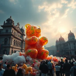 a stunning image of a giant gummy bear destroying budapest