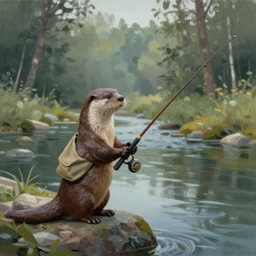 painting of otter-fishman with fishing rod, stylized, octane render, morning forest river