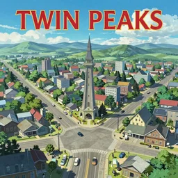 Twin Peaks movie poster artwork by Tomer Hanuka Artem Chebokha Rendering of the only intersection in the small town, full of details, by Makoto Shinkai and thomas kinkade, Matte painting, trending on artstation and unreal engine
