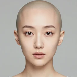 beautiful portrait karen fukuhara bald neutral expression face straight on headshot even lighting