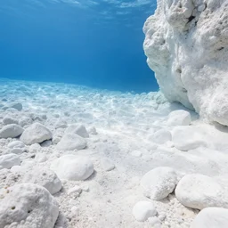 grotta marina di cristalli bianchi, campo ampio, pavimento naturalistico fatto di oceano blu a forma di mani, altamente complesso, cinematografico, suggestivo tutto a forma di braccia
