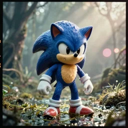 ektachrome medium format provia film still of a sonic the hedgehog blue swamp creature with fangs and claws, faded glow, anomorphic lens flare, creepypasta