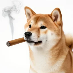 portrait of a shiba inu smoking a cigar, white background