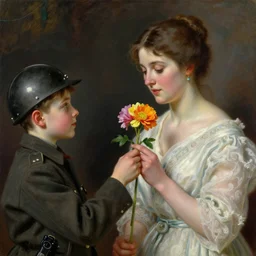 world war ii, a young boy giving a beautiful woman a bright and colorful flower, hope, by hans gude, by adolph tidemand, norwegian romantic nationalism
