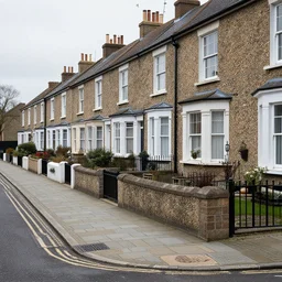dreary british street of pebble dashed semi - detached houses where all the front yards are paved over
