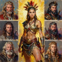 hyper realistic painting of prehistoric punk warrior girl, full body, rule of thirds, conceptart, saturated colors, cinematic, greg rutkowski, brom, james gurney, mignola, craig mullins, alan lee
