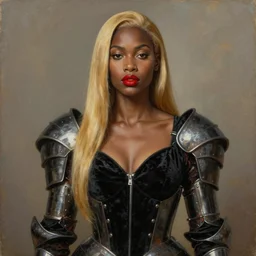 warrior portrait, mulatto, crossbred, beautiful face, beautiful features, red lips, long golden hair, black closed velvet dress, leather armor, iron armor, alexander mcqueen clothing, very beautiful style, realism, oil, painting, edgard mcsons,