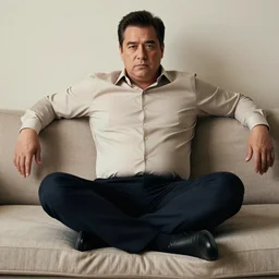 full body photo of steve, mature male, mysterious face. he is sitting gracefully on a sofa, elegant slim beige shirt, tight shirt, big chubby belly