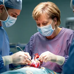 Angela Merkel performing open heart surgery, lot of details, 8k
