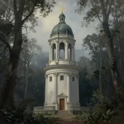 neoclassical tower with dome on a magical gloomy mystical forest. by ( rembrandt painting ( 1 0 0 ) ( fractal flame ) ), colorful watercolor, psychedelic, mech, pearlized, highly detailded