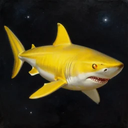 a yellow shark in space with the eyes glowing in gold and red, ultrarealistic painting by botticelli