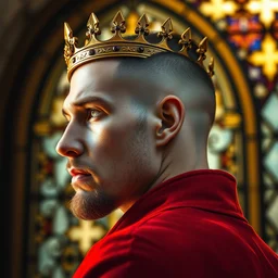 detailed side - view portrait of a man, crowned, wearing a slim crown, golden crown, stern expression, buzzcut, stubble, red coat, medieval stained glass window, masterful, facial detail, backlit