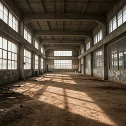 interior of a completely empty factory, dirt floor, large windows on the sides,