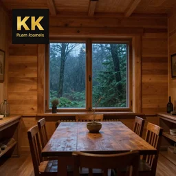 photo of a beautiful wooden dining room with a window with a view of a rainy european forest at night,, beautiful view,winning award photo,4k,ambient lighting, chill out, relaxing, profesional lighting