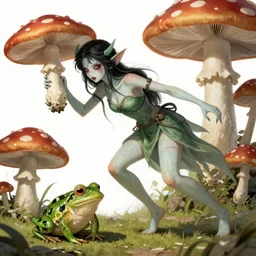 hyper realistic Scary godlike fairy being chased by a frog , art style of Junji Ito ,detailed mushroom village in the background , Taras Shevchenko style, post-processing, fantasy , masterpiece , junji ito, painting , vibrant colors