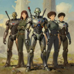 oil sci fi painting of cyborg rebels, octane rendering, trending on artstation, by, studio ghibli, michael whealan and james gurney
