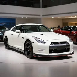 105mm photograph f1.8 full view mid distance front side view white Nissan GT-R showroom beautiful lighting from 2010