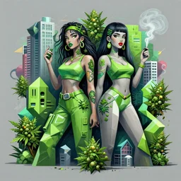 matte painting the city girls, yung miami, jt, weed, graffiti, hard edges, geometric 3 d shapes, stoned, og, street art, asymmetrical, green, marijuana, smoke, highly detailed masterpiece by sachin teng
