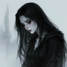 a depressed pyromancer looking at the ghost of her beloved necromancer wife, sad, gloomy, black hair, pale skin, high fantasy, extremely detailed, sharp focus, smooth, digital illustration, by artgerm, rossdraws, franzzeta
