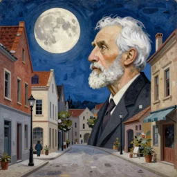 over - saturated professional pre - raphaelite decollage painting defined colours old white - headed man under the huge moon on a street of ruined city by adrian ghenie and takato yamamoto and austin osman spare and edward hopper and mark ryden and tsutomu nihei, very coherent, baroque elements, perfect anatomy, intricate design. pop art.
