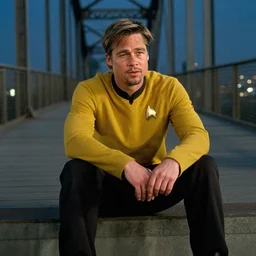 film still of brad pitt sitting on the bridge in star trek, 4 k,