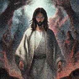 anime style jesus standing between heaven and hell looking badass with a detailed face blue eyes with a cult behind him, highly detailed, mega details,