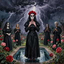 santa muerte being being worshipped by a mexican death cult wearing black robes in a rose garden with a reflective pool during a thunderstorm, by Zdzislaw Beksinski and amanda sage and h.r. giger and thomas kinkade in a surreal dark horror style, oil on canvas, 8k, hd,