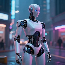 a cyborg robot in a street, futuristic, neon light