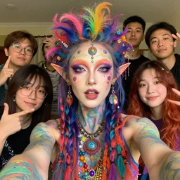 a psychedelic young godlike humanoid, hyper detailed, in the style of greg rutkowski and ruan jia and bob ross and lisa frank, selfie