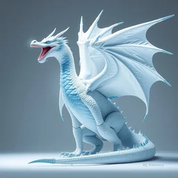 still photo of a large, white ice dragon with blue accents. it has a long neck, and its body is covered in scales. its wings are enormous, and it has a long spiky tail. it has a regal, regal appearance, breathing frost, highly detailed, full portrait, bright studio setting, dramatic lighting, crisp quality and light reflections, trending on pixiv, by kawacy
