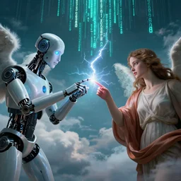 a godly robot and a human woman touch by their finger tips, exchanging lightning of beautiful energy through their fingers, nails concept art, teal matrix computer code falling in the background, angelic clouds in the background, cinematic, inspired by the creation of adam by michelangelo, artstation, rutkowsky