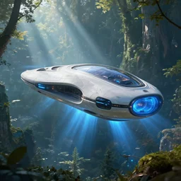 futuristic levitating luxury personal spaceship hovering above habitat designed by apple flying over the forest art by greg rutkowski and paul ozzimo, epic fantasy scifi blue light engine ultra realistic volumetric light god rays raytracing unreal engine digital art trending artstation deviantart octane render,