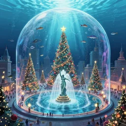 A bustling beautiful city on the sea floor inside a glass dome with christmas decarations during christmas, anime, fountain, statue, underwater, rapture, fish flying over head, godrays, a fantasy digital painting by Greg Rutkowski and James Gurney, trending on Artstation, highly detailed